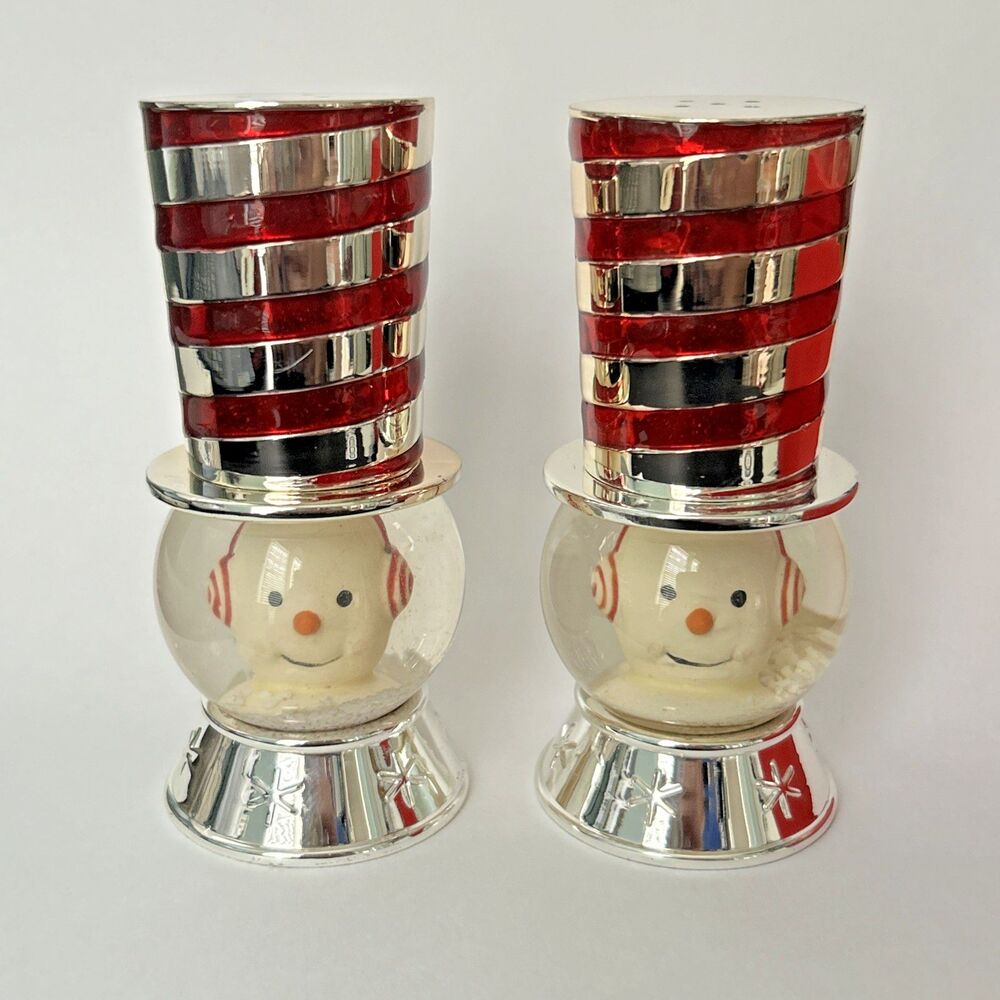 Reed & Barton Snow Globe Snowman Salt and Pepper Shakers Top Hat 4” Whimsy